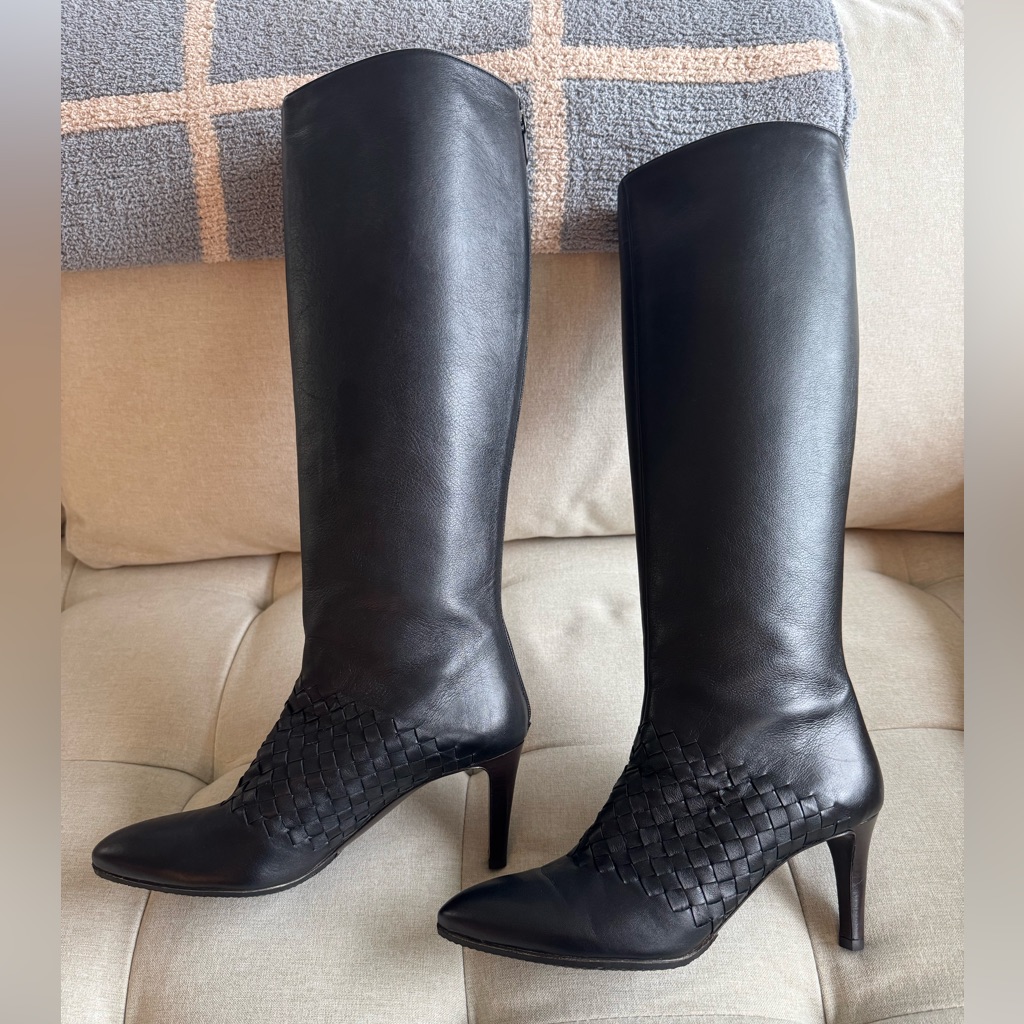 Bottega Veneta Black Woven Leather Heeled Boots